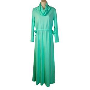 Vintage 70s‎ Dress Disco Mod Long Sleeve Empire Waist Maxi Flowy Mint Green L